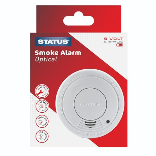 STATUS 9V Photoelectric Smoke Alarm, Battery Operated Fire Detector for Home Bedroom Kitchen Hallway, Includes 9V Battery, Easy Test Button, Low Battery Warning, (9VDCPESA5)