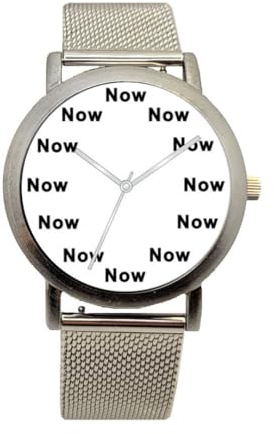 Now is The Time A Each Hour on The White Dial of The Brushed Chrome Unisex Size Watch with a Stainless Steel Mesh Band