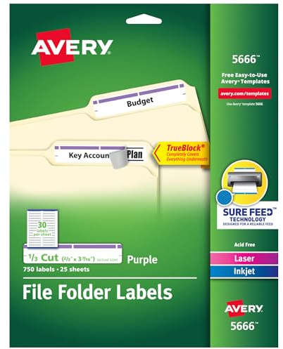 Avery TrueBlock File Folder Labels, 2/3 x 3-7/16, 750 Printable Labels, White/Purple, Permanent (5666)