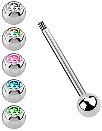 Modern Nature Piercing-Schmuck Set di piercing per lingua con 1,6 mm di spessore, a scelta in 12-18 mm di lunghezza con 5 sfere di pietra, Titanio, Cristallo