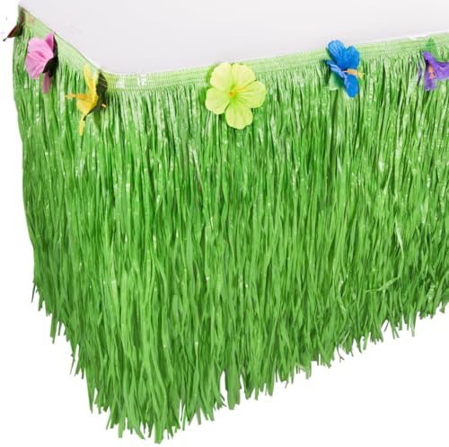 Luau Grass Table Skirt Natural Hawaiian Table Skirt Tropical Party Decorations 9 Feet x 29.5 Inch (Green)