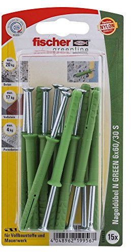 fischer 524832 6x60/30 S K, Inhalt Nageldübel N Green 6 x 60, 15 x Nagelschraube 4 x 64 Z, vormontiert