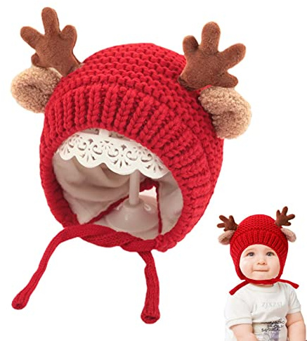Vigcebit Berretto Neonato Renna - Cappelli in Cervo Lavorati a Maglia Morbidi e Caldi per | Spessa Pile Invernale per Neonato, Morbido Cotone Lavorato a Maglia, Berretto di Lana