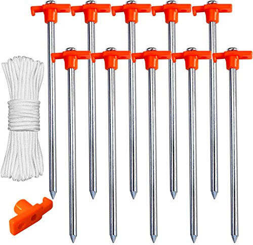ABCCANOPY 11 Inch Tent Stakes 10 Pcs Non-Rust Metal Ground Anchors, Heavy Duty Spikes with 4 Ropes for Outdoor Camping, Orange