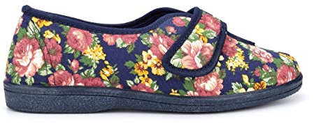Sleepers Womens Wilma Wide Fit Cotton Slippers with Touch Fastening Floral Navy (EE Fitting) 6 UK