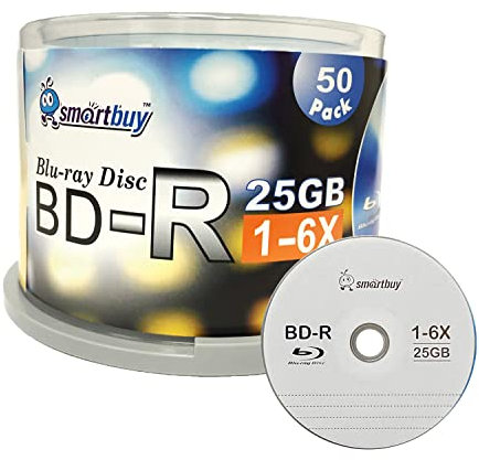 Smartbuy 50 Pack Bd-r 25gb 6X Blu-ray Single Layer Recordable Disc Logo Top Blank Data Video Media 50 Disc Spindle