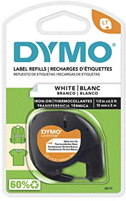 DYMO 18771 LT Tape Cartridge for Dymo LetraTag Label Makers, Adhere to Fabrics Using an Iron, 1/2-Inch x 6.5 Feet, Black on White, Pack of 1