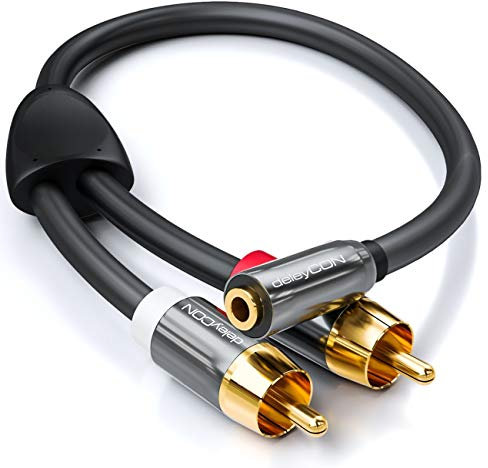 deleyCON 20cm Audio Adapter - 3,5mm Klinken Buchse zu 2X RCA Cinch Stecker aus Metall - Laptop Tablet Smartphone TV DVD Sound Box - Schwarz