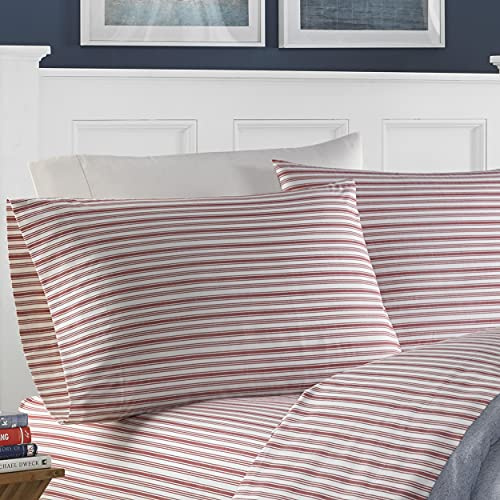 Nautica - Full Sheets, Cotton Percale Bedding Set, Casual Home Decor, Dorm Room Essentials (Coleridge Stripe Red, Full)