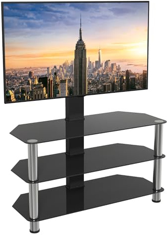 AVF Column TV Floor Stand - 3 Black Glass Shelves & Metal Column Combi TV Unit with Universal VESA Mount Up to 60 & 40kg - SDCL900 (Black & Silver)