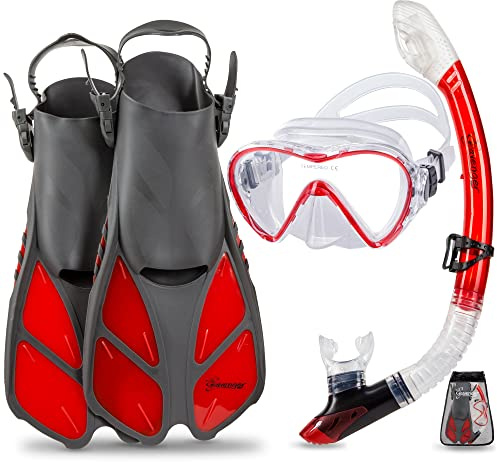 Seavenger Diving Dry Top Snorkel Set with Trek Fin, Single Lens Mask and Gear Bag, XS/XXS - Size 1 to 4 or Children 10-13, Gray/Clear Red