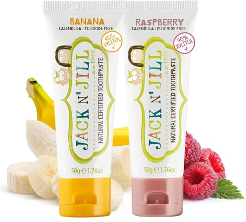 Jack N' Jill Natural Toddler Toothpaste - Fluoride Free Training Toothpaste for Toddlers 1-3, 40% Xylitol, BPA Free - Banana & Raspberry, 1.76 oz (Pack of 2)