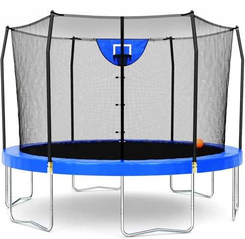 Skywalker Trampoline Outdoor Jump N' Dunk 8 FT, 12 FT, 15 FT, Round Outdoor Trampoline with Net, Trampoline Mat, and Basketball Hoop for Trampoline, ASTM Approval, 800 LBS Weight Capacity - Blue