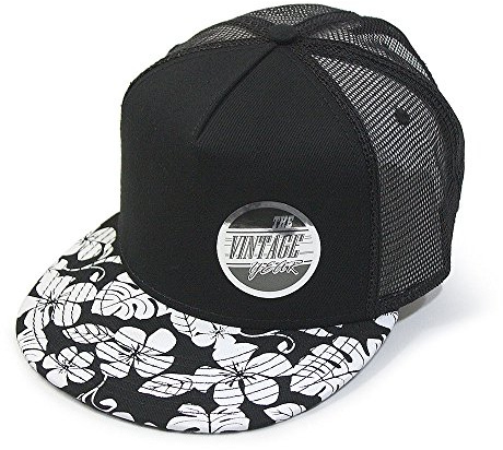 Premium Floral Hawaiian Cotton Twill Flat Brim Mesh Snapback Trucker Baseball Caps (Flower/Black/Black Mesh)
