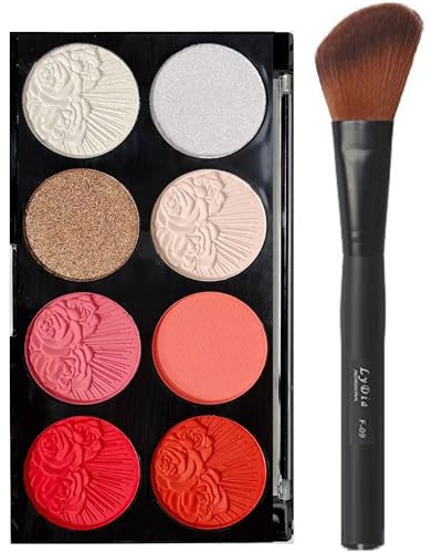 8 Colours Pressed Powder Blush Palette Face Highlighter Bronzer/Contour Kit + LyDia® Angled Black Flawless Face Blush/Powder Makeup Brush