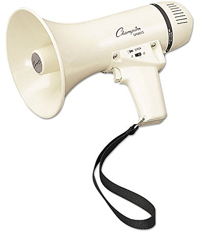 Champion Sports Megaphone with Siren, Wrist Strap, Compact Handle, 800 Yard Range - Powerful Bullhorn Loudspeaker with Adjustable Volume Control for Sport Events, Concerts, Crowd Control, 4 Watts (White), Model: MP4W