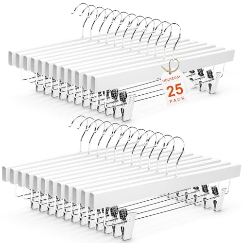 HOUSE DAY Wooden Pants Hangers with Clips, 25 Pack Skirt Hangers, White
