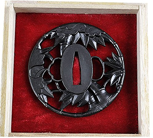 Iron Alloy Tsuba for Katana or Wakizashi, Bamboo Design with Wooden Box