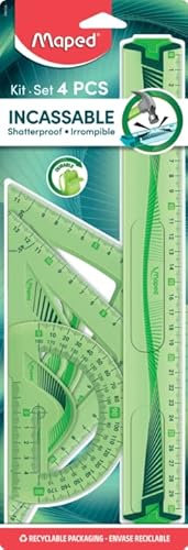 Maped - Reglas Escolares - Irrompible - Maxi Kit de 4 Piezas - 1 Regla de 30 cm, 1 Cartabón de 60°, 1 Escuadra de 45° y 1 Transportador de 180° - Material Duradero PET - Diseño Técnico