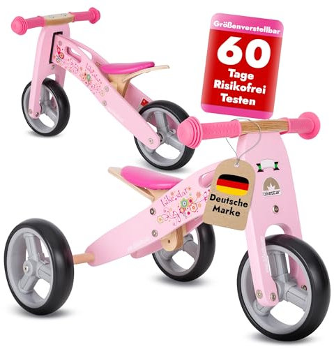 BIKESTAR Mini Kinder Laufrad Holz Lauflernrad mit DREI Rädern für Jungen und Mädchen ab 1 – 1,5 Jahre | 2 in 1 Kinderlaufrad | Flamingo Pink | Risikofrei Testen