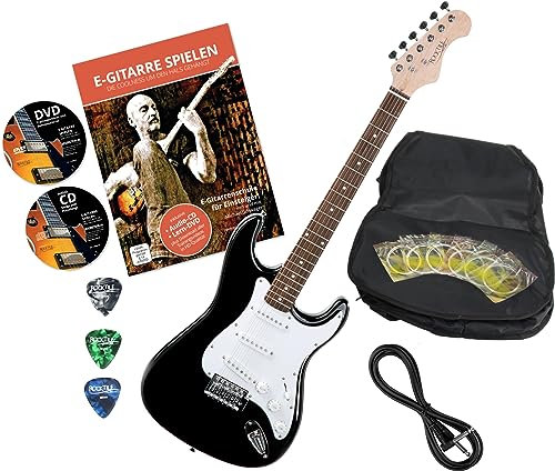 Rocktile Sphere Classic Black E-Gitarre Set (E-Gitarre im ST-Design, inkl. Gigbag, Kabel, Plektren, Gitarren Schule mit CD & DVD & Saiten) Schwarz
