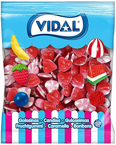 Vidal Golosinas, Corazones Twist. Caramelo de Goma color Rojo y Blanco y sabor Fresa. Bolsa de 1 Kg