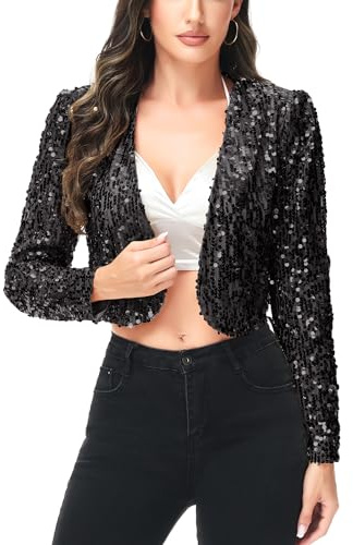 Anna-Kaci Womens Shiny Sequin Long Sleeve Glitter Cropped Blazer Bolero Shrug, Black, Small