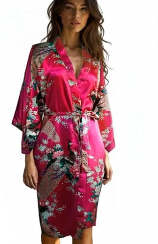 CCCcollections Kimono Sedoso para Mujer Bata Ligera con Escote en V, Mangas Amplias y Lazos Interiores para Ajuste Relajado, Ideal para Uso Diario y Ocasiones Especiales con Toque de Seda -Rosa Fucsia