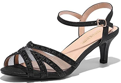 DREAM PAIRS Womens Wedding Prom Bridal Shoes Ladies Ankle Strap Peep Toe Low Kitten Heels Sandals Party Occassion Dress Shoe,Black Size 7 UK, NINA-166