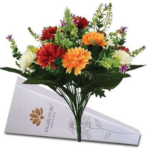 Bagari 41cm Artificial Flowers for Graves- Fake Bunch with 16 Heads Large Mixed Ivory- Red-Orange Bush Flowers Delivery Next Day Prime- Plastic Fresh Bouquet for Outdoor & Indoor Events Wedding Party