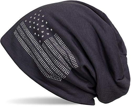 styleBREAKER Beanie Mütze USA Flaggen Design mit Strass-Applikationen, Unisex, Jersey leicht Übergang Frühling Herbst, Farbe:Anthrazit