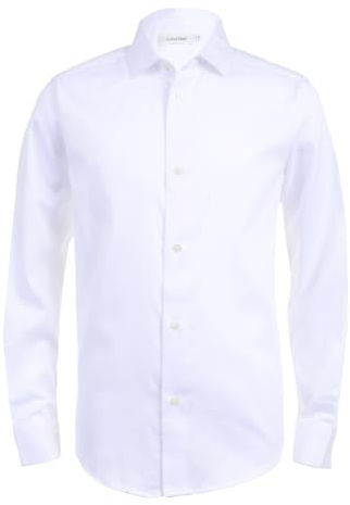 Calvin Klein Boys' Long Sleeve Sateen Dress Shirt, Button-Down Style with Buttoned Cuffs & Shirttail Hem, White, 20