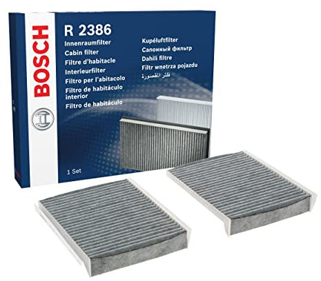 Bosch Filtro Abitacolo ai Carboni Attivi R2386, Filtro di Ricambio - Contro cattivi odori, polline e polvere per un'aria più pulita all'interno del veicolo - 2 Filtri