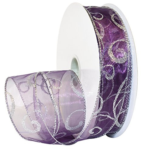 Morex Ribbon Wired Swirl Sheer Glitter Ribbons, Holiday Ribbon for Crafts and Christmas Decorations, Gift Wrapping, 1.5 x 50 Yd, Purple/Silver