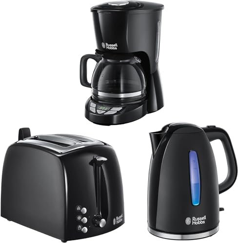 Russell Hobbs Tostadora Textures Plus 2 Ranuras, Negro 22601-56+Hervidor de Agua Eléctrico Textures 1,7 litros 22591-70+Cafetera de Goteo Textures Plus 10 Tazas 22620-56