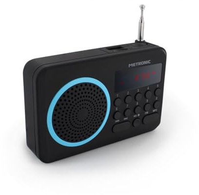 Metronic 477203 Radio portátil FM compacto con puerto USB + lector tarjeta Micro SD, negro/azul