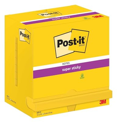 Post-it Super Sticky Notes, 1080 Sheets, Value Pack of 12 Pads, 76 mm x 127 mm - Holds Strong to Many Surfaces - Yellow - for Walls, Monitors and Fridge, Recycable