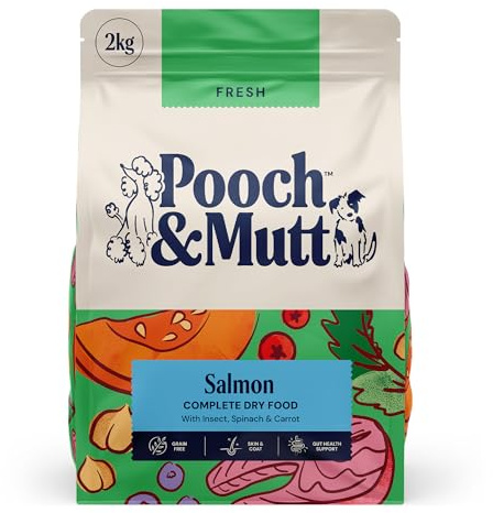 Pooch & Mutt - Fresh Salmon Dog Food, Grain Free Complete Dry Dog Food, 2kg | Regular Sized Kibble, Grain Free, Aids Healthy Coat, Prebiotics, 50% Fresh Salmon & Fresh Insect