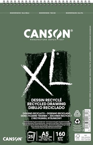 Canson XL, Papel de dibujo reciclado, Grano atenuado Fino, 160g, Espiralados sobre el lado corto, A5-14,8x21cm, Blanco, 30 Hojas
