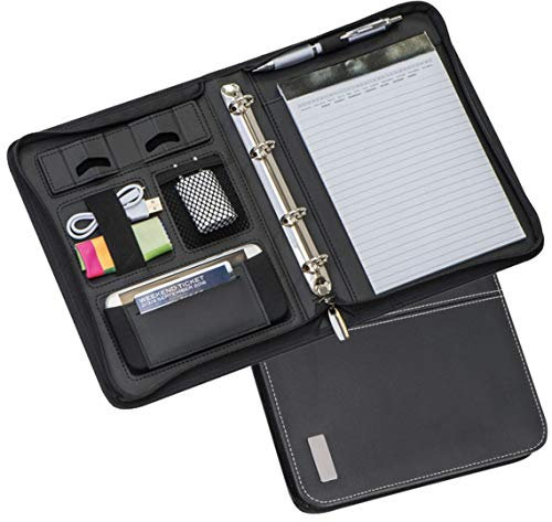A5 Ringbuchmappe aus Lederfaserstoff – Business Organizer mit Reißverschluss, Steckfächern, Smartphonefach & -halterung, Kugelschreiberschlaufe inkl. A5 Block Businessmappe