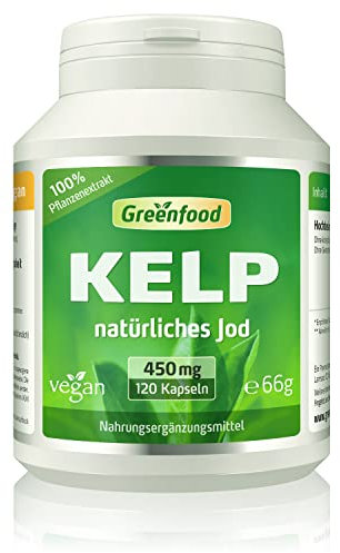 Kelp Kapseln, hochdosiert, 450mg - 120 Kapseln, vegan. Natürliche Jodquelle - für Schilddrüse, Nerven & Haut. OHNE künstliche Zusätze - laborgeprüft. Von Greenfood.