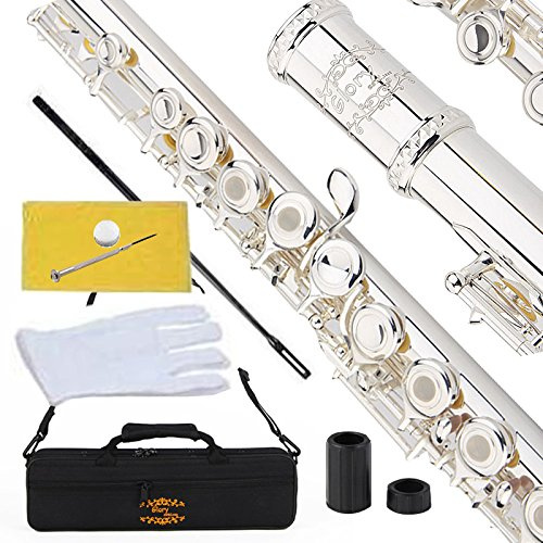 Glory Silver Plated Intermediate 17keys, Open/closed Hole C Flute with B Foot Joint,Offset G, with Case,cleaning Rod, Cloth and Gloves