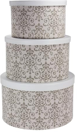 Household Essentials Round Hat Boxes with Lids, Vibrant Scallop Print with Faux Leather Lids, Poly-Cotton and Non-Woven PP Liner, Large, Medium and Small, Stackable and Nestable, Olive and Cream