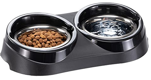 Ferplast Duo Feed Dog Bowl Holder with 2 Stainless Steel Dog Bowls - Non-Slip, Eco-Friendly Double Feeding System for Dogs, 1 Liter