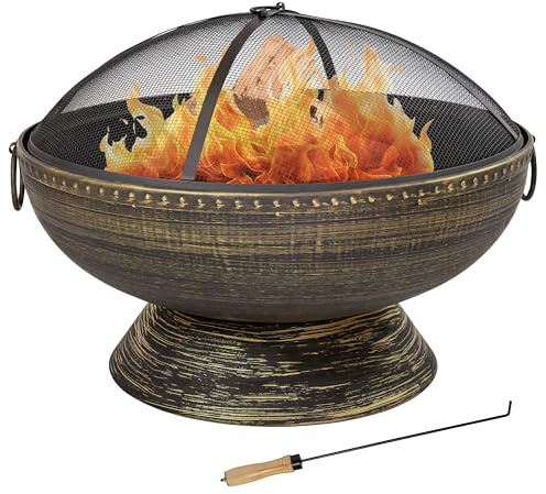 Sunnydaze Tazón de fuego para exteriores – 30 pulgadas grande redonda de madera para patio y patio trasero para exterior con pantalla de chispa, chimenea póker y rejilla de metal