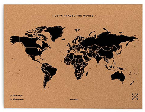 Miss Wood Map XL, Mappa del mondo di Sughero, 60 x 90 cm, Naturale/Nero