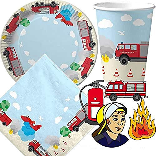 37-tlg. Party-Set * FEUERWEHR * mit Pappteller + Servietten + Pappbecher + XXL-Tischkonfetti für Kindergeburtstag | Geschirr Party Deko Dekoration Kinder Geburtstag Mottoparty Feuerwehrauto Konfetti