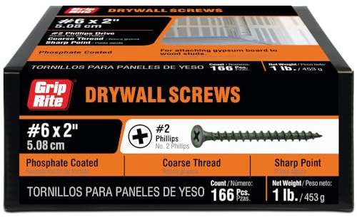 Grip-Rite Coarse Thread Drywall Screws - #2 Phillips Bugle Head - Sharp Point - for Attaching Drywall to Wood Studs - Phosphate Coated - 1 Lb Box - #6 X 2 Drywall Screws - 2CDWS1