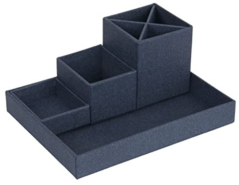 BIGSO BOX OF SWEDEN LENA Schreibtisch Organizer für Stifte, Büroklammern, Haftnotizen usw. – Sortierkasten mit 4 Fächern – Ordnungssystem aus Faserplatte und Papier in Leinenoptik - blau