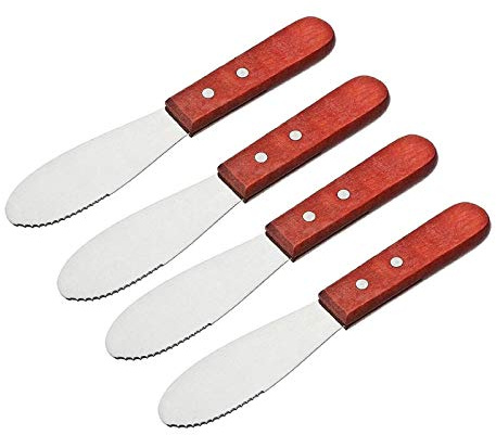 Wall2Wall Stainless Steel Straight Edge Wide Butter Spreader Deluxe Sandwich Cream Cheese Condiment Knives Set Kitchen Tools, Wood Handle, 8” (4)